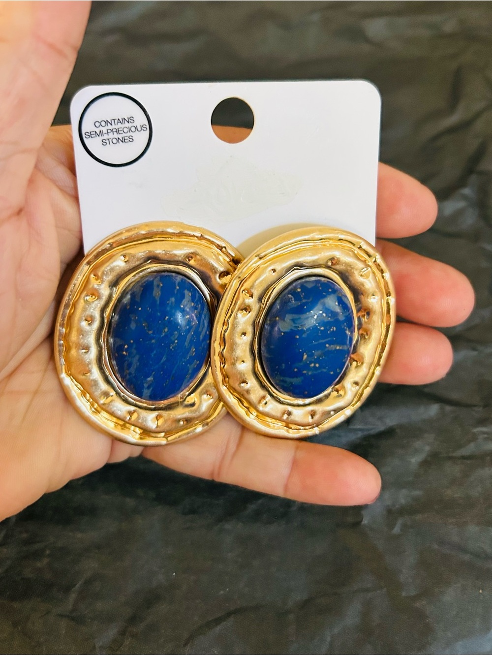 Gold-Tone Earrings with Blue Semi-Precious Stone Lapis NWOT